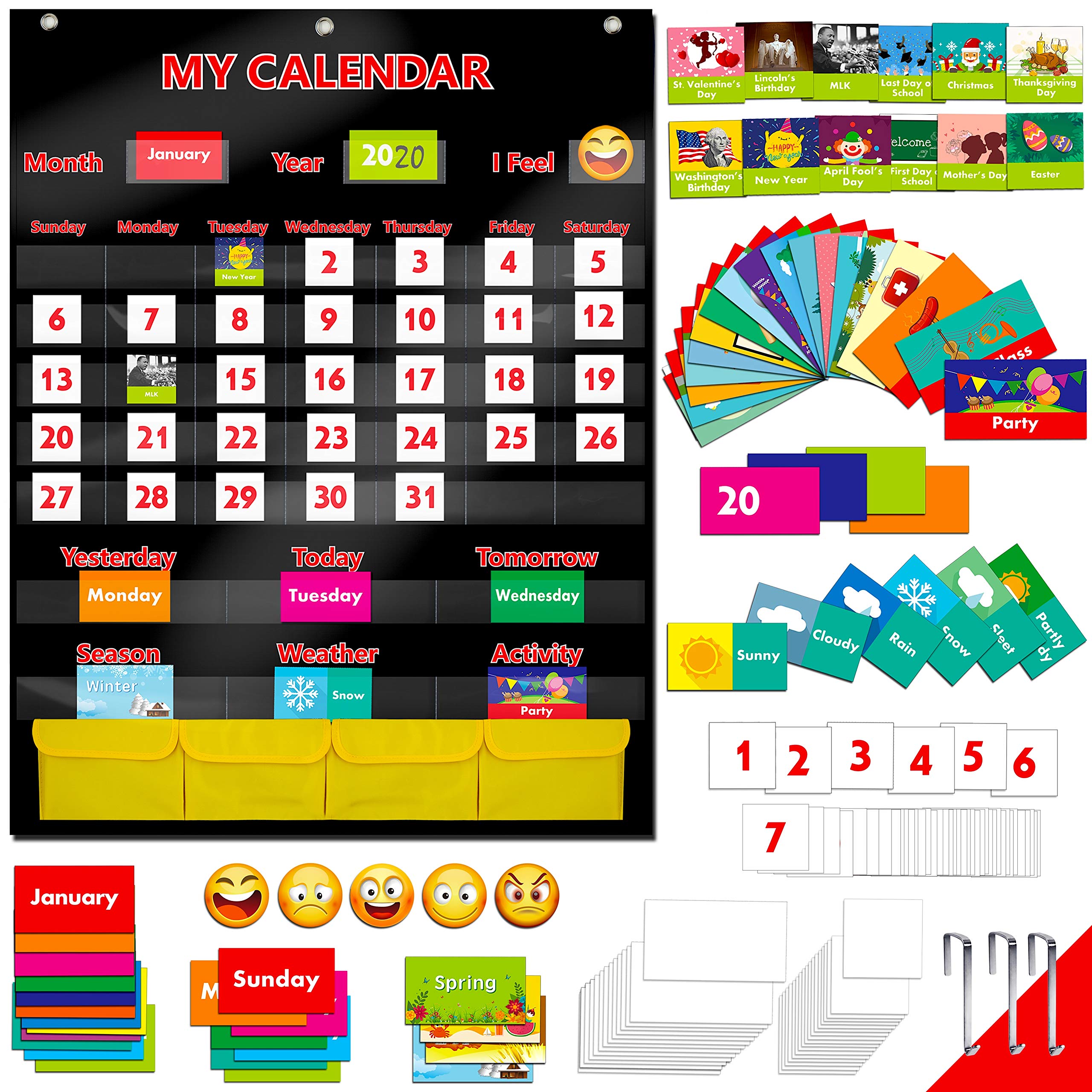 Black Calendar and Weather Pocket Chart with 148 Cards,(108 Illustrated Activity Cards, 40 Dry Erasable Flash Cards and 3 Hooks 28"x35.5")