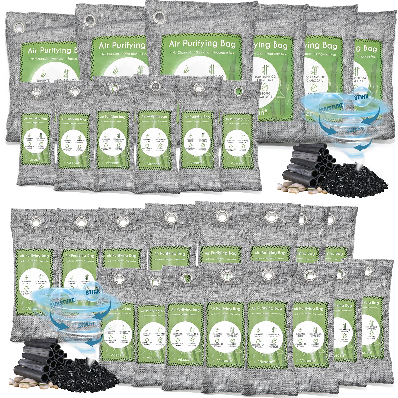 28 Pack Bamboo Charcoal Air Purifying Bag, Activated Charcoal Bags Odor Absorber, Moisture Absorber, Natural Car Air Freshener, Shoe Deodorizer, Odor Eliminators For Home, Pet, Closet