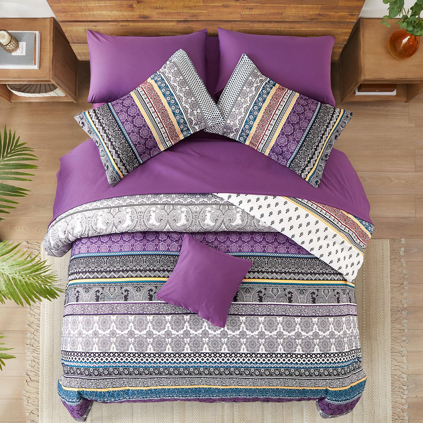 WONGS BEDDING Bohemian King Size Duvet Cover Set Purple Grey Colorful Boho Striped Bedding Set with 2 Pillowcases Soft Microfiber Moroccan Quilt Cover 220x230cm — image 1