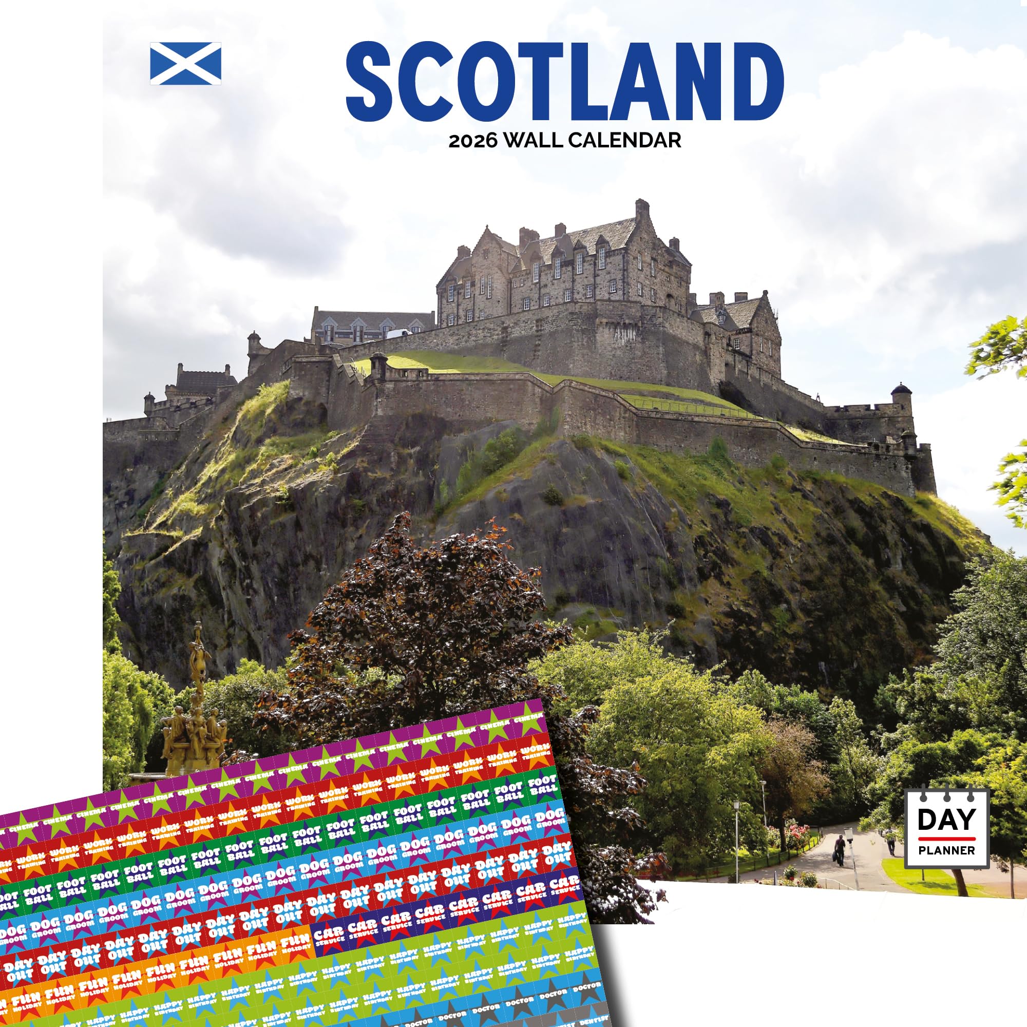 Dayplanner Publishing Scotland Calendar 2026, Large Square Wall Calendar With Organisational Stickers, 16 Month, Scotland Gift Travel Calendar