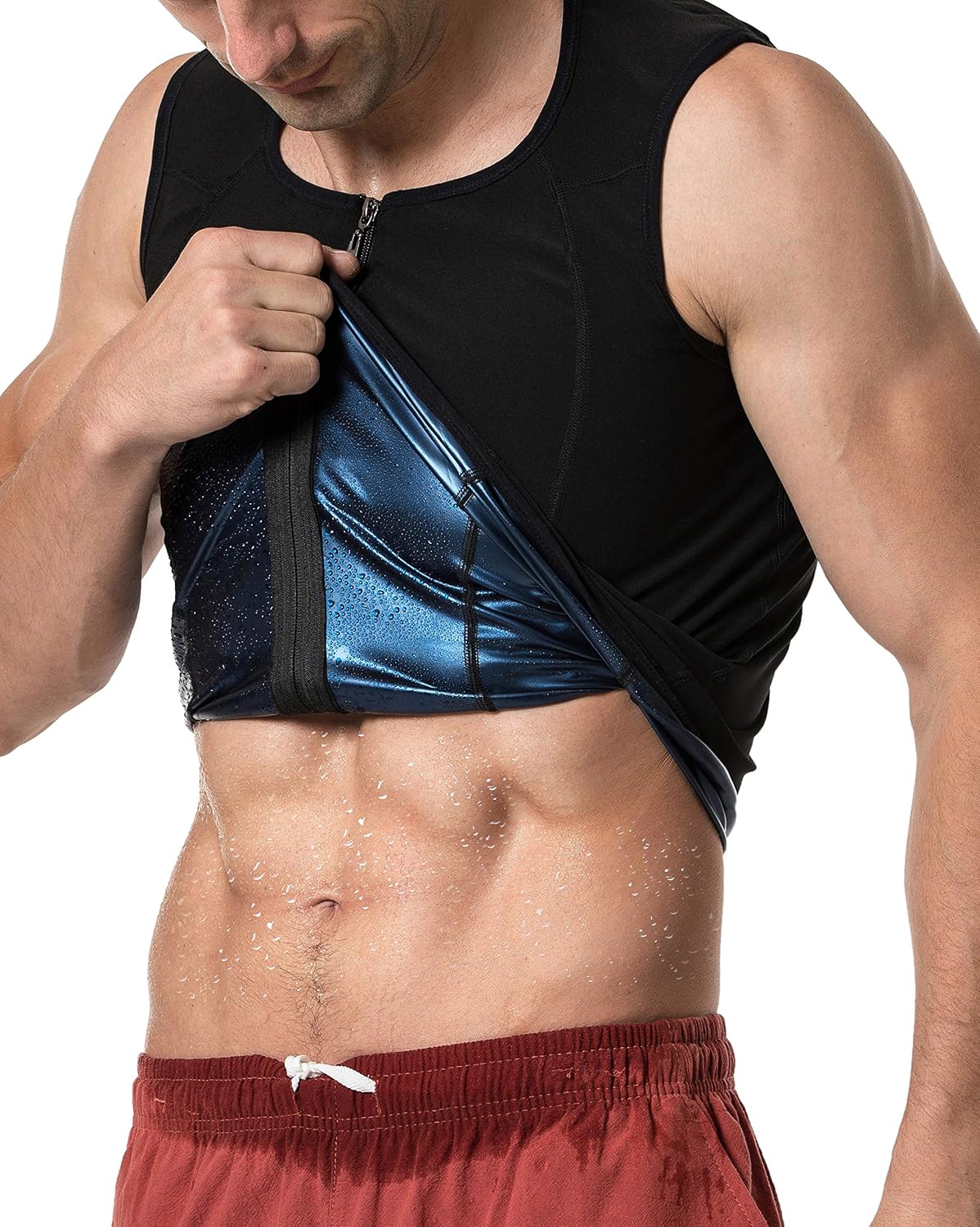 MOLLDAN Mens Polymer Sauna Vest Sweat Slimming Tank Top with Zipper: Clothing