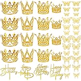 44 PCS Gold Crown Cake Decoration 16 PCS Mini Crown Tiny Crown with 24 PCS Butterfly Wall Decors and 4 PCS Birthday Cake Topper for Women Girl Crown Birthday Party Wedding Cake Decor