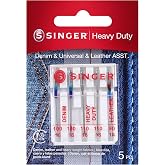 SINGER Heavy Duty Needles 90/14 100/16 110/18 Denim Leather 5-Count | Heavy-duty machine needles for denim, leather and heavy fabrics; 5 assorted sizes, fit SINGER and other domestic machines
