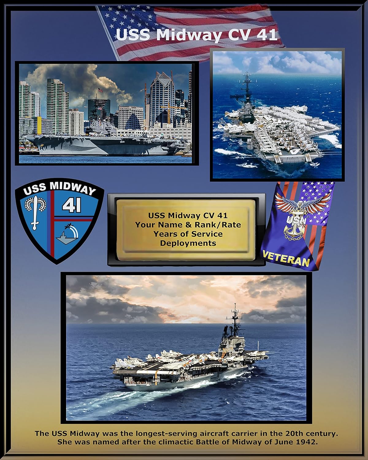 Photographs - USS Midway CV 41, Custom Personalized Photo, Aircraft Carrier. US Navy Ships. Navy Vets.