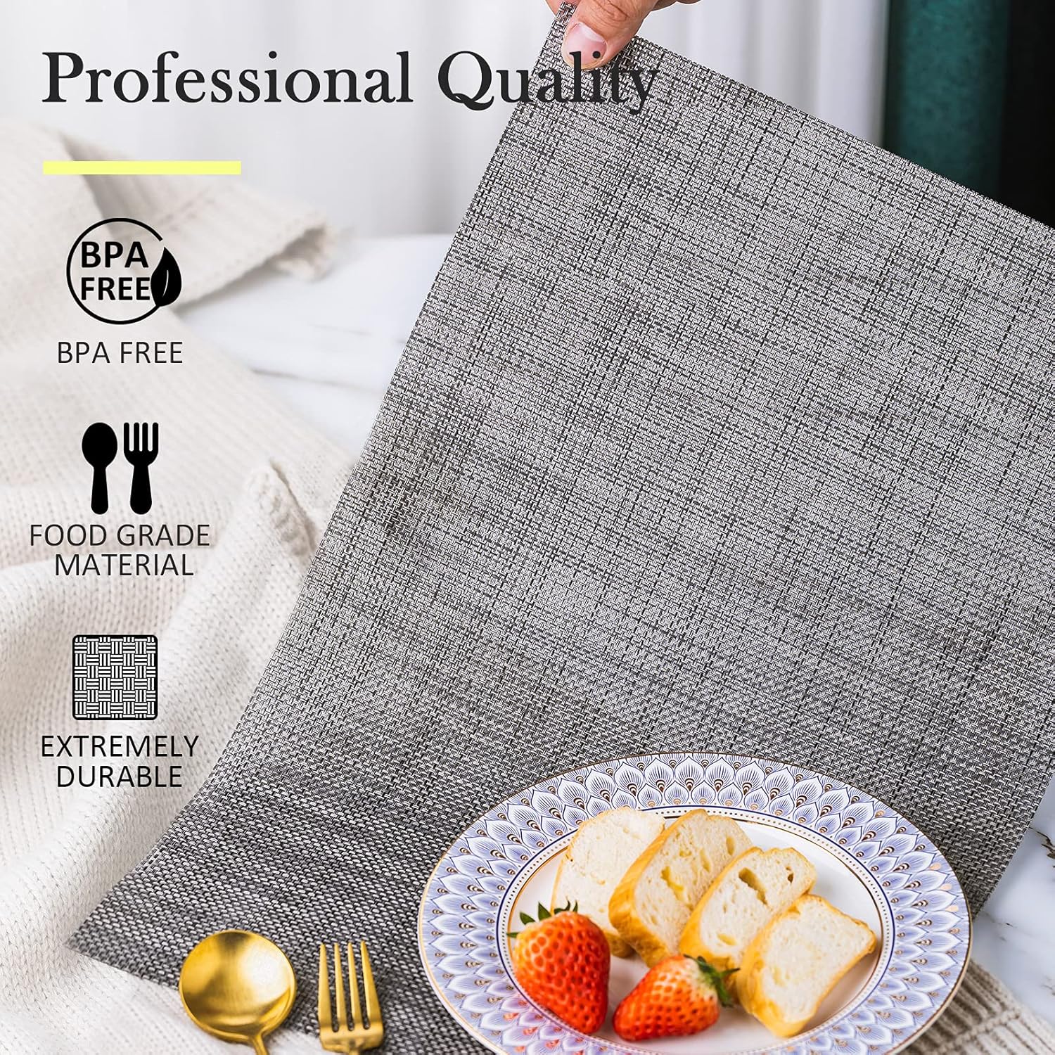 Placemats, Set of 8 Heat Resistant Stain Resistant Anti-Water Non-Slip Placemats for Dining Table, Washable Durable PVC Place Mats Weave Vinyl Table Mats(Dark Gray): Kitchen & Dining