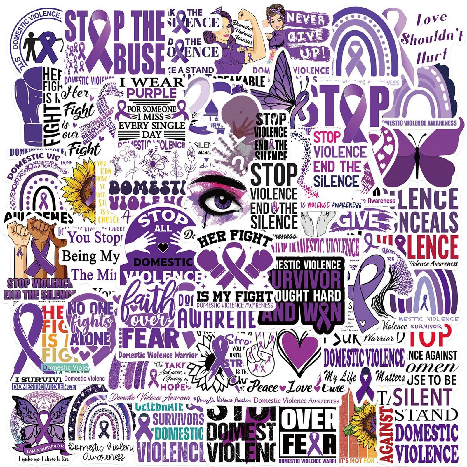 50Pcs Domestic Violence Awareness Stickers Pack Purple Ribbon Awareness Stop Violence Sticker Decals for Water Bottle,Laptop,Phone,Skateboard,Scrapbooking,Bumper Gifts for Kids Teens Adults