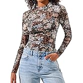 IWD Womens Mesh Long Sleeve Tops Sheer Lace Blouses Sexy See Through Mock Neck Tee Shirts