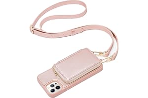 ZVE Zipper Wallet Case Crossbody for iPhone 12 Pro/iPhone 12 (6.1 inch), Purse Case with Card Holder Wrist Strap for Women Compatible with iPhone 12 Pro/iPhone 12 (2020) -Rose Gold