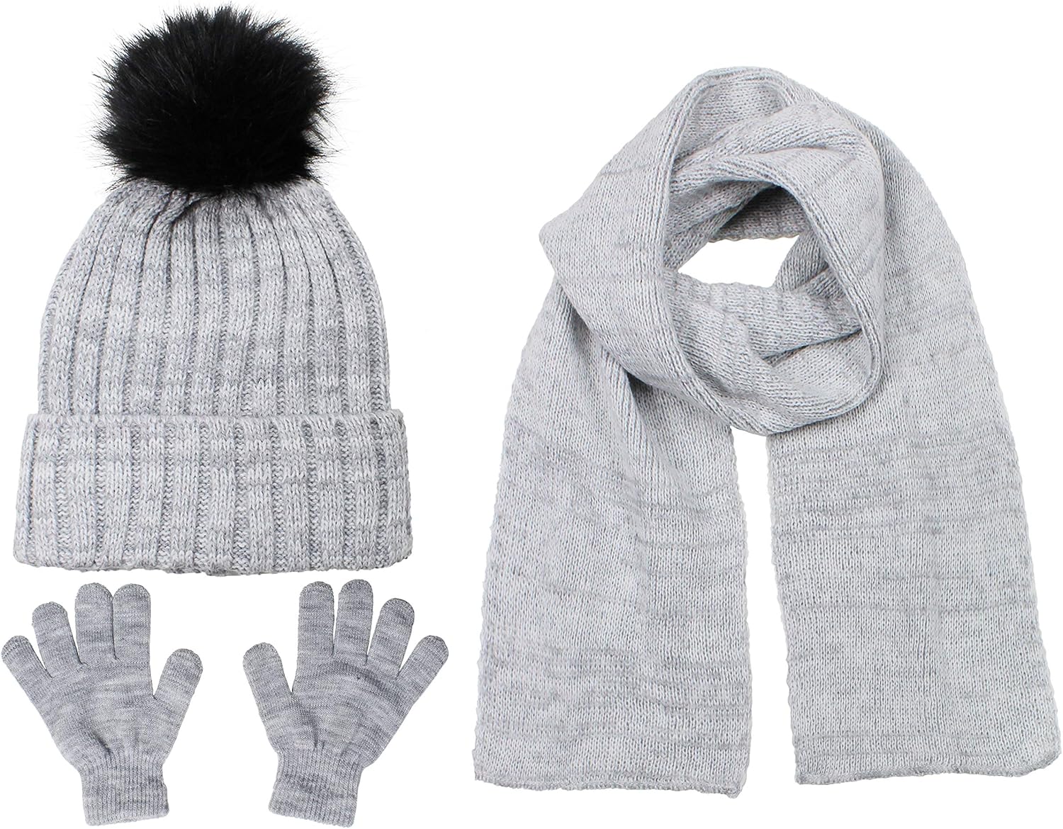Polar Wear Boys Knit Hat, Scarf And Gloves Set With Fur Pompom- Charcoal: Clothing