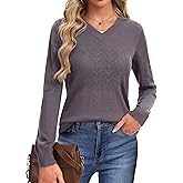 YUCOLEN Women's Wool Hollow Out Sweaters Long Sleeve Crochet Pullover V Neck Sweater Lightweight Knit Tops