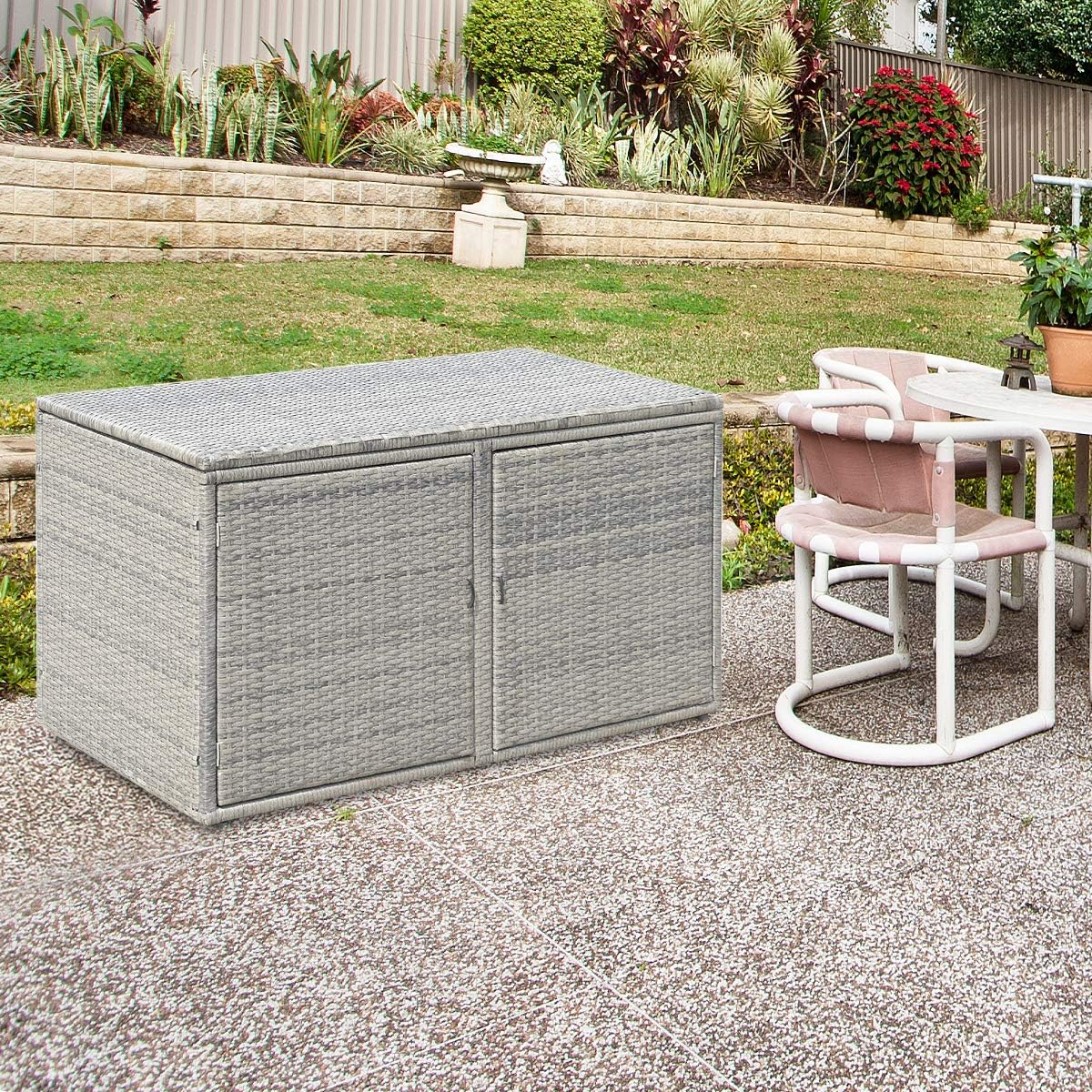 Tangkula Outdoor Wicker Storage Box, Garden Deck Bin with Steel Frame, Rattan Pool Storage Box with Lid, Ideal for Storing Tools, Accessories and Toys, 88 Gallon Capacity (Grey): Home Improvement