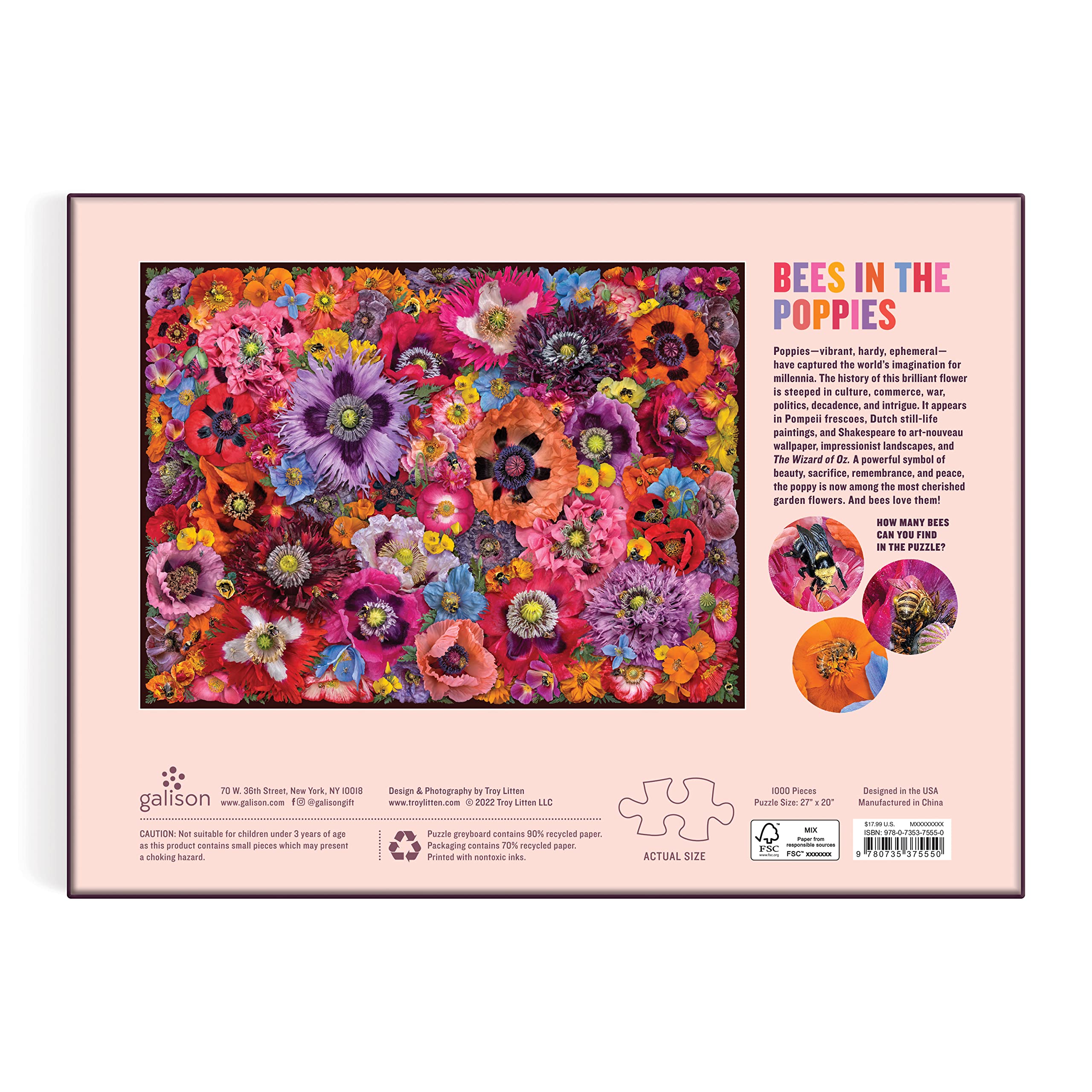 Galison Bees in The Poppies 1000 Piece Puzzle - Beautiful 27