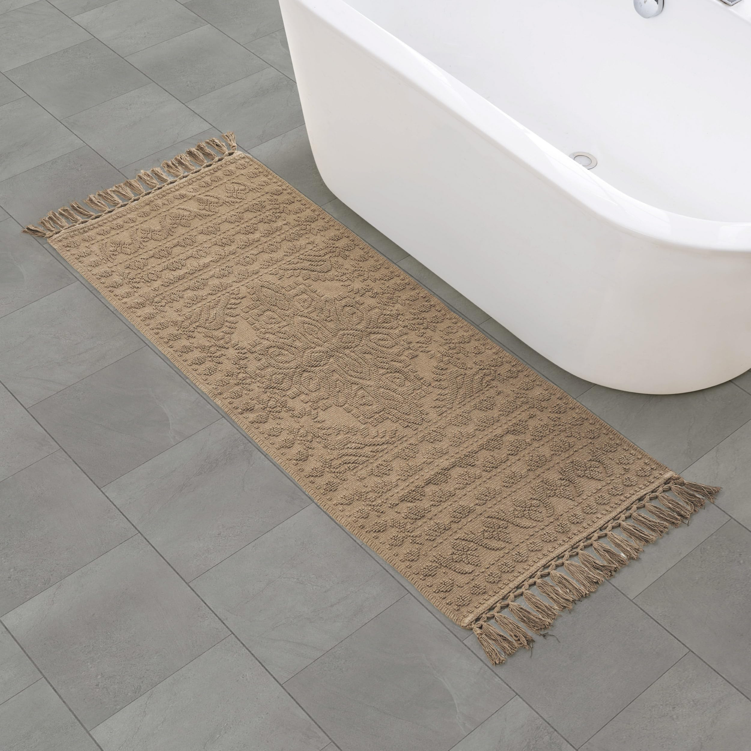 French Connection Nellore Bath Rugs, Woven and Beaded Bath Mats, Durable and Thick Bath Mats for Bathroom and Shower Rugs, 24" x 64", Taupe Image