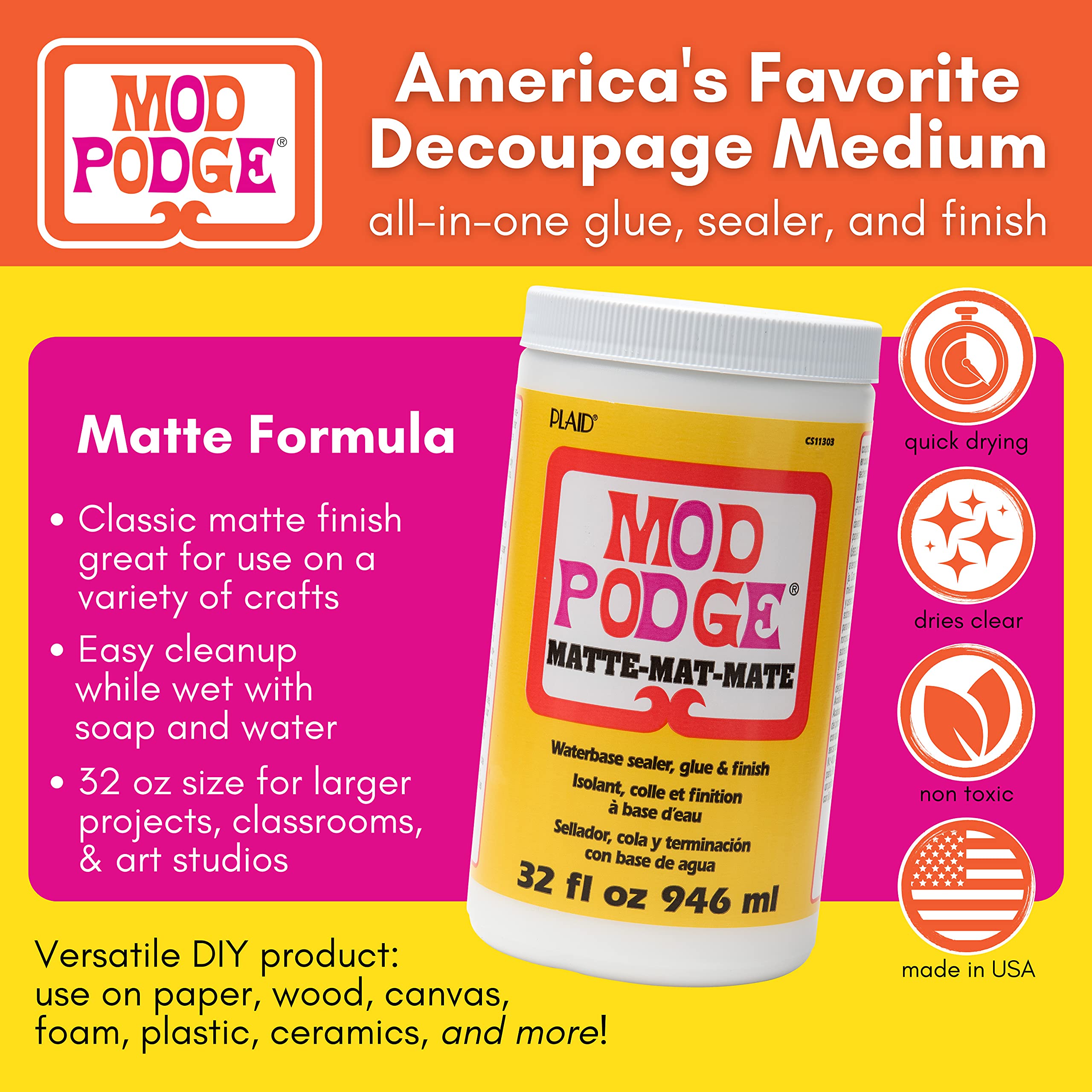 Mod Podge Matte Sealer, Glue & Finish: All-in-One Craft Solution- Quick Dry, Easy Clean, for Wood, Paper, Fabric & More. Non-Toxic - Craft with Confidence, Made in USA, 32 oz., Pack of 1