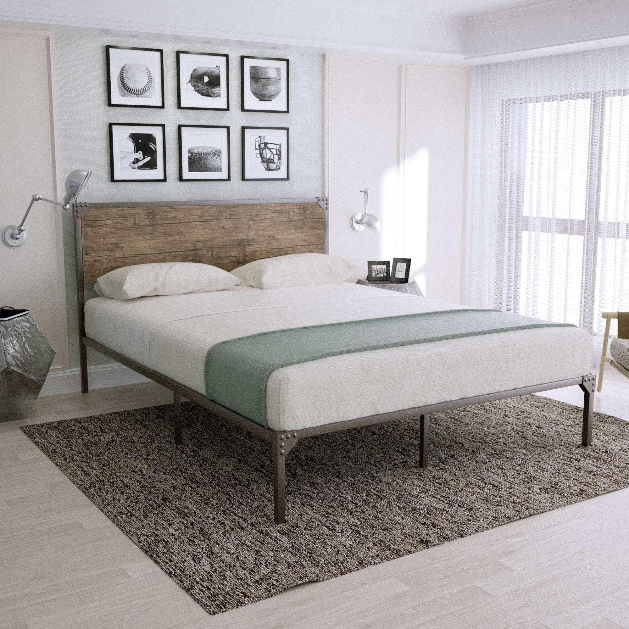 Amooly Metal Bed Frame Platform Bed with Wood Headboard/Box Spring Optional/Easy Assembly,Queen