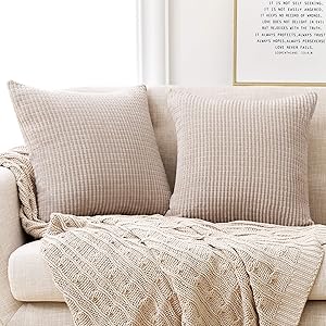 Deconovo Pack of 2 Square Pillowcase Covers Decorative Cushion Covers with Pattern Stripes Corduroy Pillow Cases Machine Washable for Bedroom Sofa Couch 20x20 in Cream