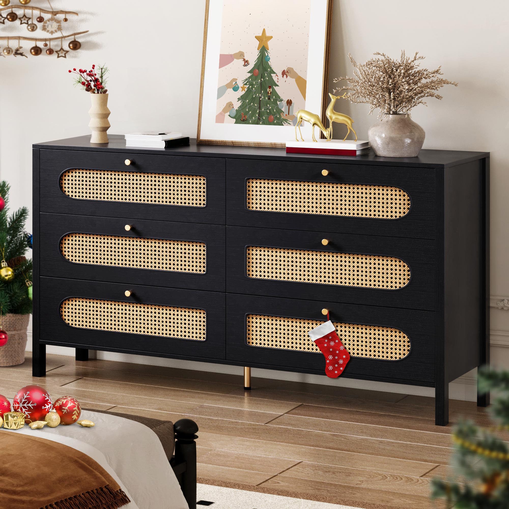 Photo 1 of **SELLING FOR PARTS AS PARTIAL SET **DWVO Natural Rattan 6 Drawer Dresser-Wooden Black Boho Double Dresser Chest of Drawers with Golden Handles-Modern Large Closet Dressers Storage Cabinet for Living Room/Hallway/Entryway