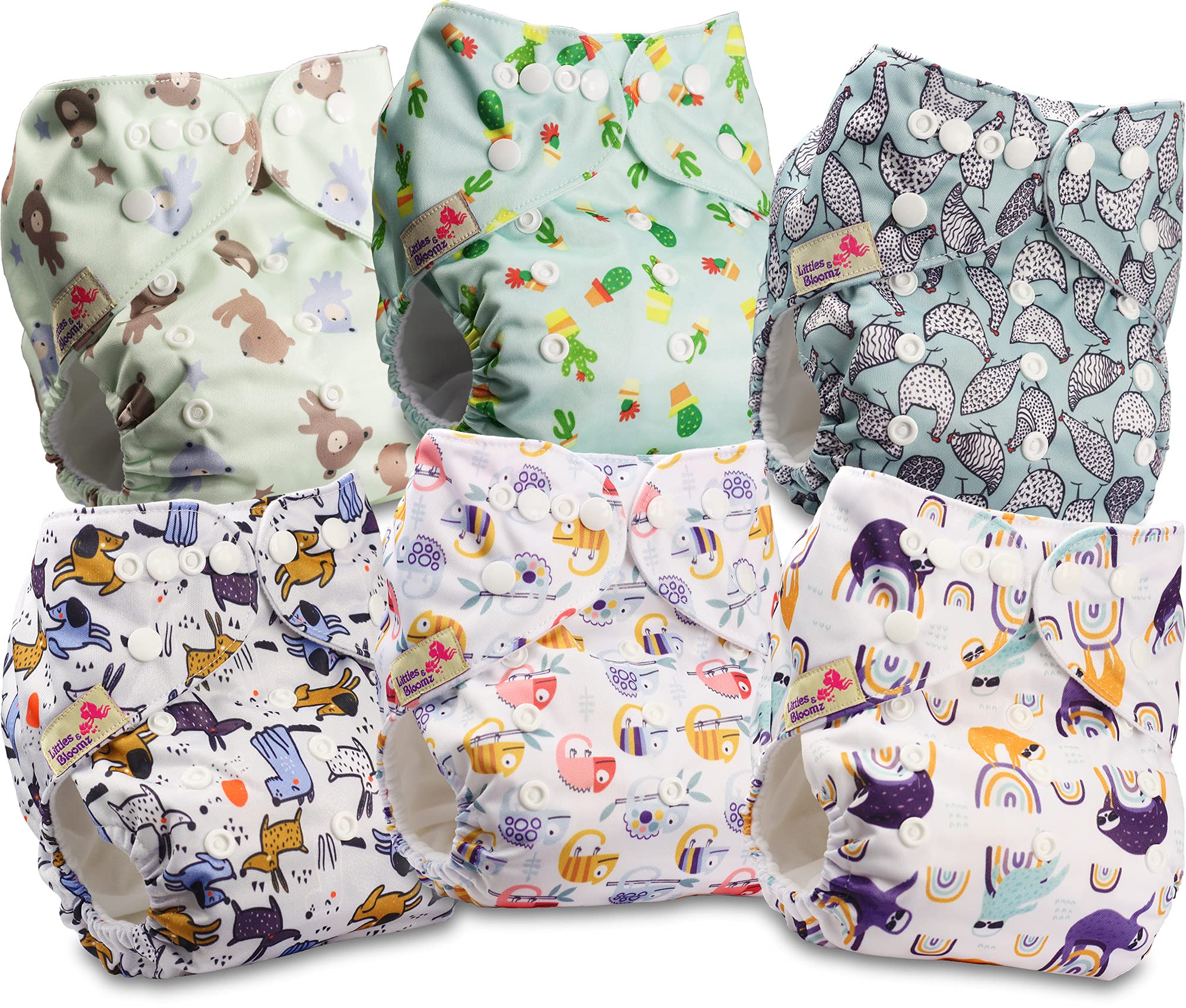 Littles and Bloomz Baby Reusable Pocket Nappy Cloth Diaper, Standard Popper, 6 Nappies, FLP2-0603