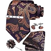 GUSLESON Tie Set for Men Necktie and Pocket Square,Tie Clip,Cufflinks, Lapel Pin Sets with Gift Box 5PCS