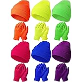 Handepo 12 Pack Winter Neon Beanies and Gloves 6 Pieces Warm Neon Beanie Hats 6 Pairs Unisex Knit Thermal Gloves for Women Men Cold Weather