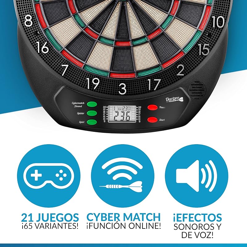 Diana electrónica - Juego de Diana con 6 Dardos de Punta Suave [utilizables sin Cables] - Diana innovadora con 65 variaciones - [para 1-8 Jugadores]