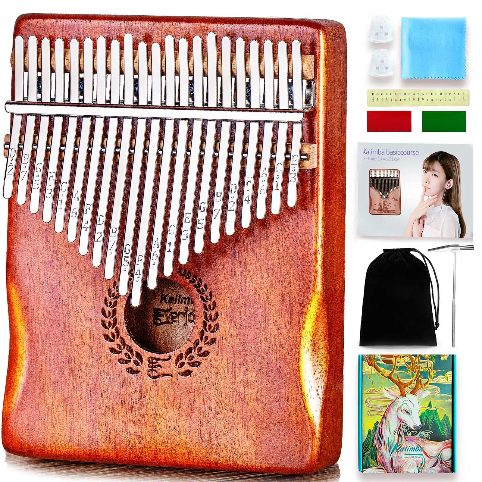 Everjoys Kalimba Thumb Piano 21 Keys, Professional Musical Instrument Finger Piano Marimbas with Portable Soft Cloth Bag, Fast to Learn Songbook, Tuning Hammer, All in One Kit (21 Key, Natural Color)