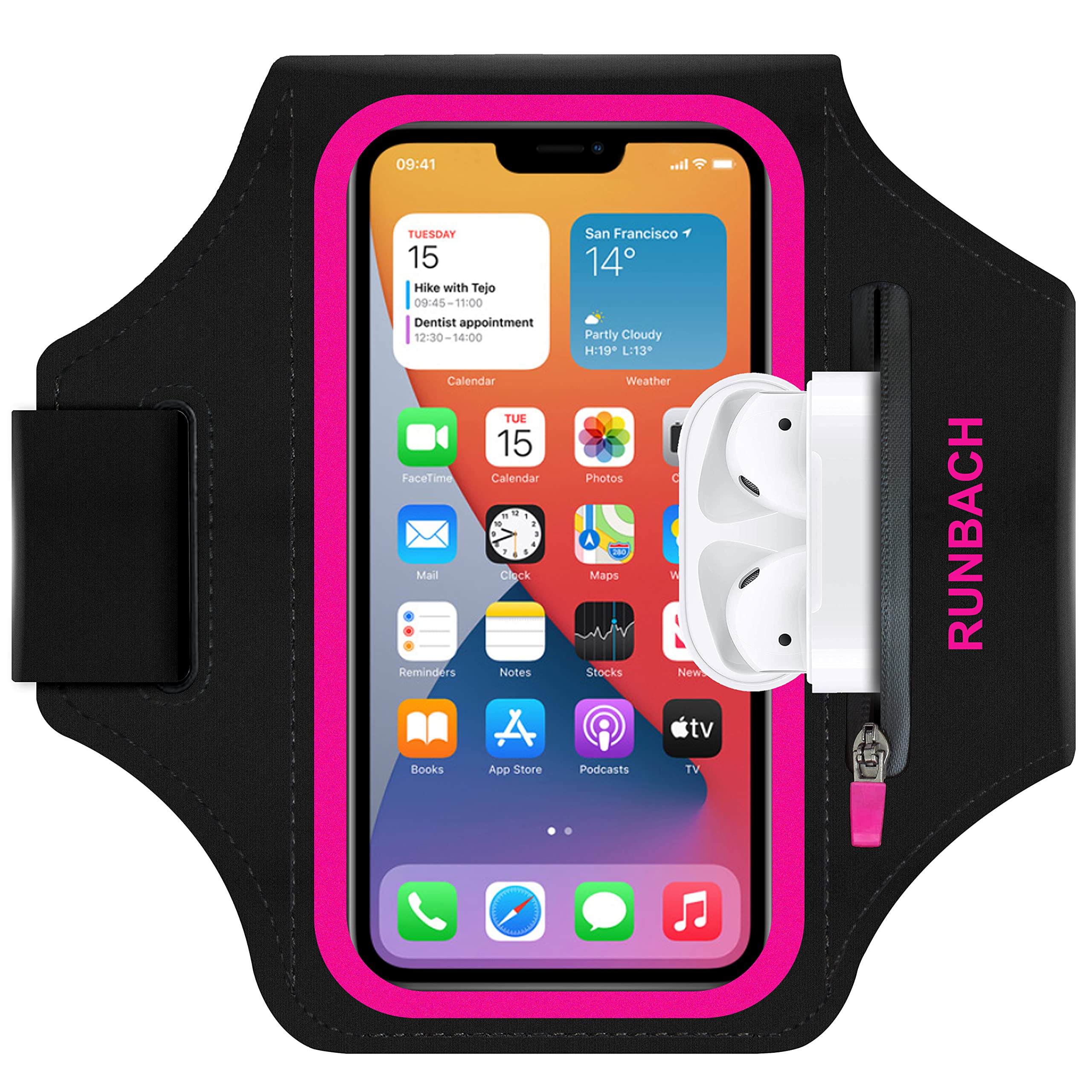 RUNBACH Armband for iPhone 17 Pro Max/16 Pro Max/16 Plus/15 Pro Max/15 Plus/iPhone 14,13,12,11 Pro Max/XS Max,Water Resistant Sport Armband with Zipper Slot for Airpods and Keys (Pink)