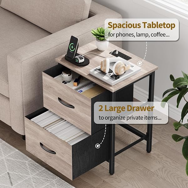 VAGUSICC NIGHTSTAND WITH CHARGING STATION, BEDSIDE TABLE WITH USB PORTS AND OUTLET, END TABLE SIDE TABLE WITH 2 FABRIC DRAWERS FOR BEDROOM, LIVING ROOM, GREIGE