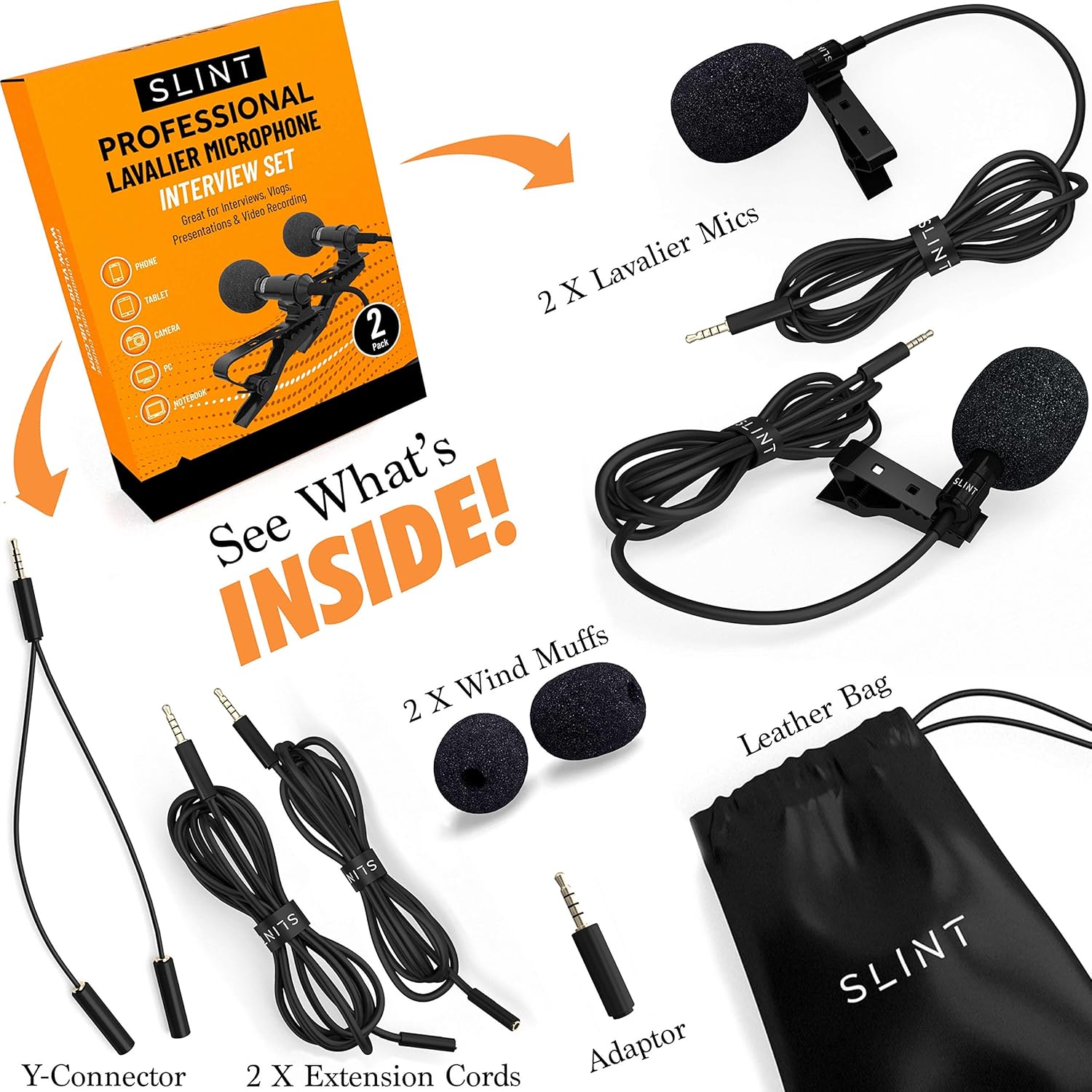 Lavalier Lapel Microphone 2 Pack Bundle - Professional Omnidirectional Lavalier Mic with Clip-on Lapel Mic Compatible with iPhone, Samsung Android, GoPro & DSLR - Lapel Microphone for YouTube