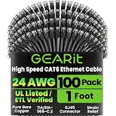 GEARit Cat6 Patch Cables Cat 6 Ethernet Cable 1 ft 100-Pack Black | Ethernet Patch Cable, 10Gbps 550MHz 24AWG Pure Copper, Snagless, Gold Plated RJ45 for Router, Server, Router, PC