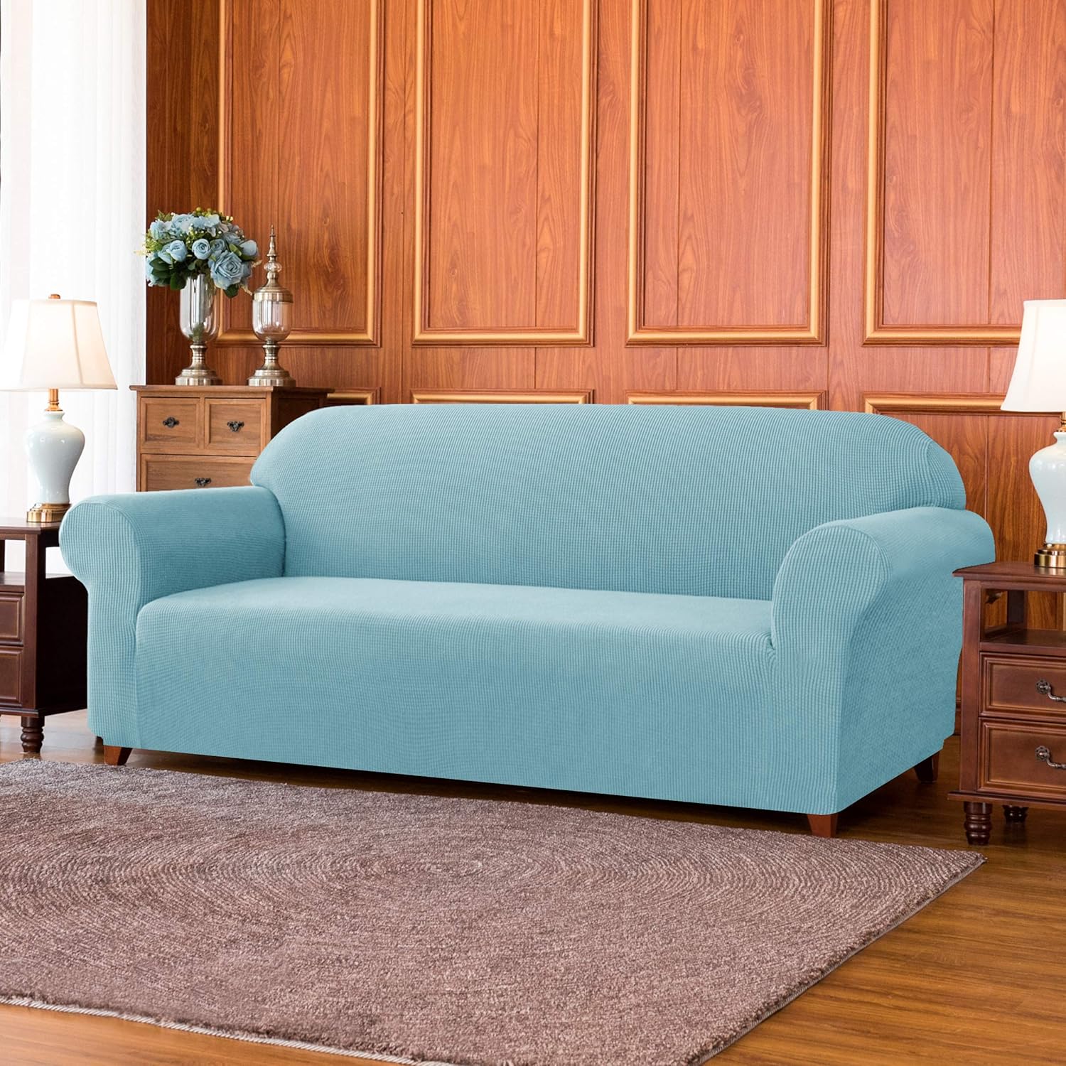 subrtex Stretch Sofa Cover 1-Piece Couch Slipcover Furniture Protector for Arm Chair Loveseat Coat Soft with Elastic Bottom, Polyester and Spandex Jacquard Fabric Small Checks (Large, Steel Blue): Home & Kitchen