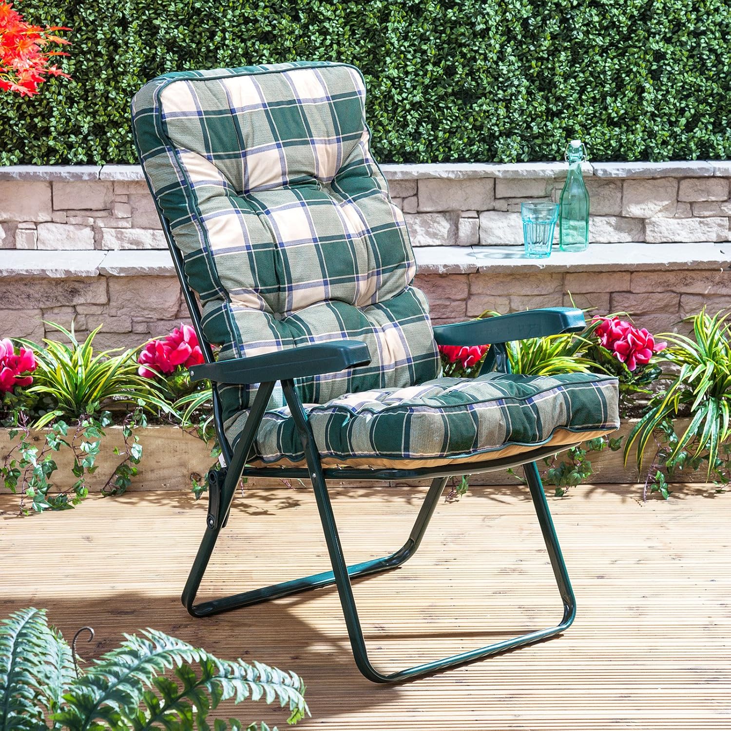 Alfresia Recliner Chair Green Frame with Classic Green Check Cushion