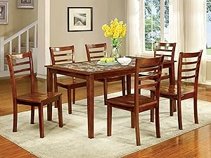 Furniture of America Venice 7 Piece Faux Marble Top Dining Set, Antique Oak