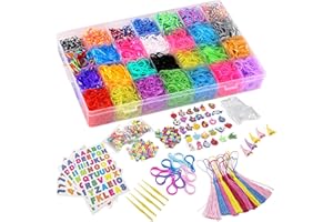 DasKid 12100+ Rubber Bands Refill Loom Set 11,000+ Loom Bands 42 Colors 600 Clips 200 Beads + 52 ABC Beads 30 Charms 10 Backpack Hooks 10 Tassels 5 Crochet Hooks 5 Hair Clips +ABC & Number Stickers