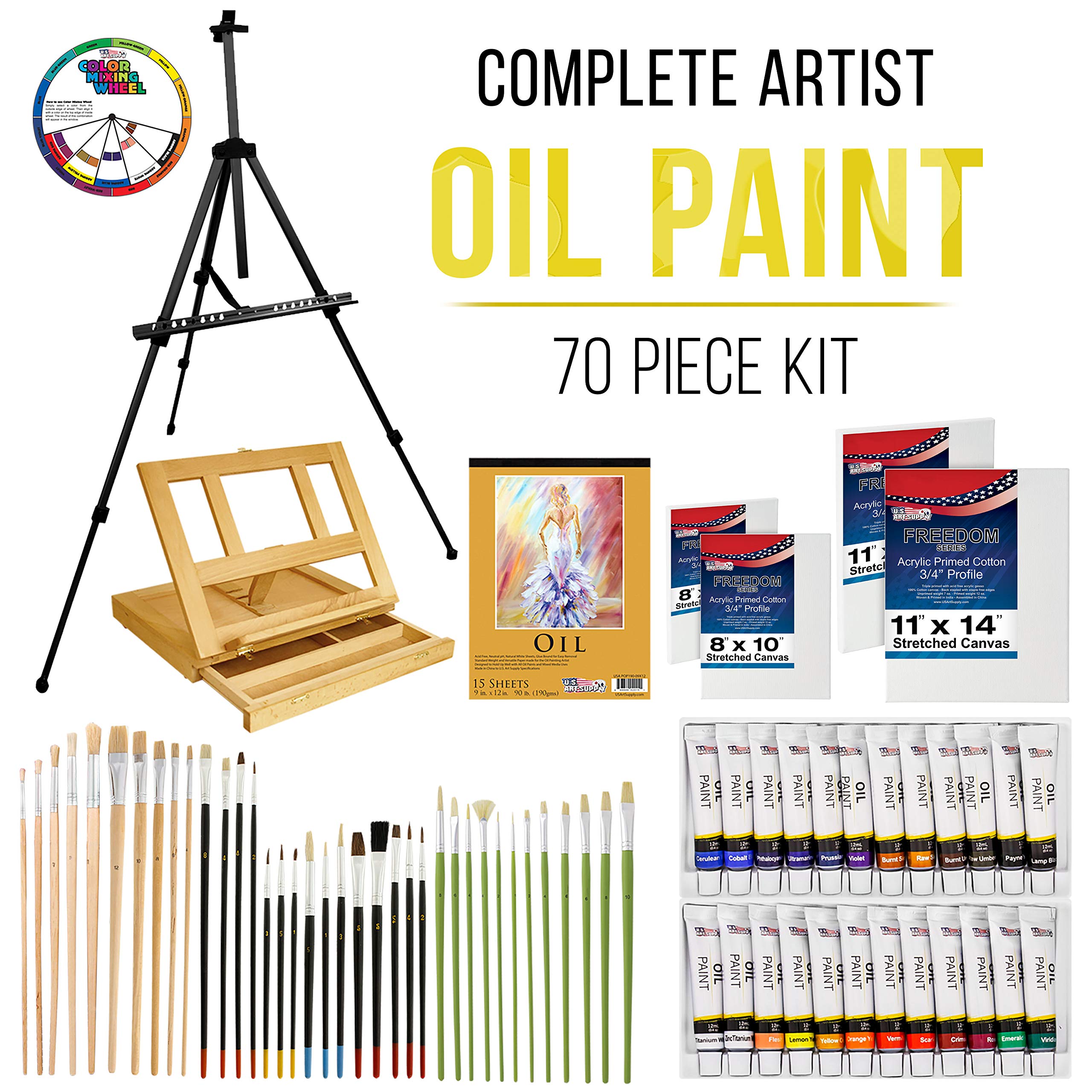U.S. Art Supply 70-Piece Oil Painting Set with Aluminum Floor Easel, Wood Table Easel, 24 Oil Paint Colors, Oil Painting Pad, 8"x10" Stretched Canvases, 11"x14" Stretched Canvases, Artist Brushes