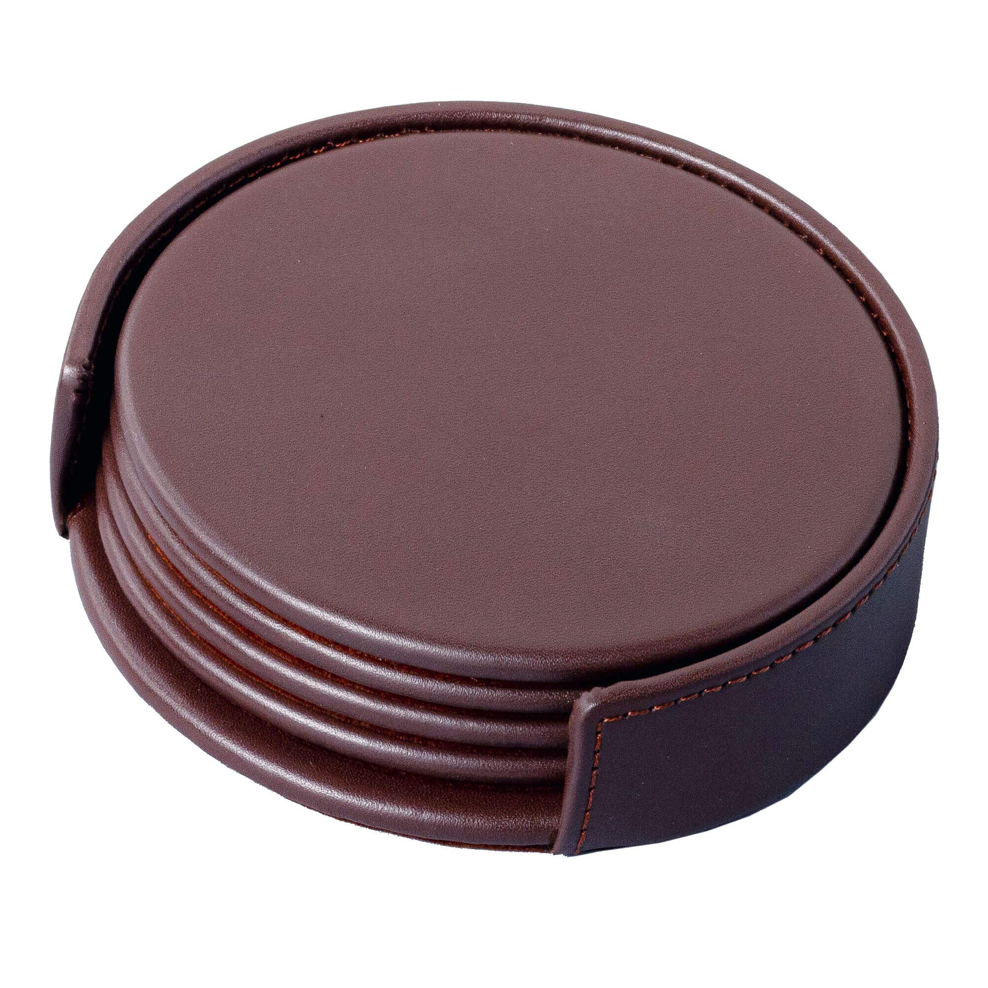 Dacasso Chocolate Brown Leatherette 4 Coaster Set with Holder, Vinyl, 11.1 x 11.1 x 3.48 cm
