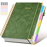Hardcover Spiral Notebook journal with Removable Dividers Tabs, 300 Pages Leather 5 Subject Notebook College Ruled, 8"x10" Large B5 Notebooks for Work School Note taking, Lined Journal for Women,Green