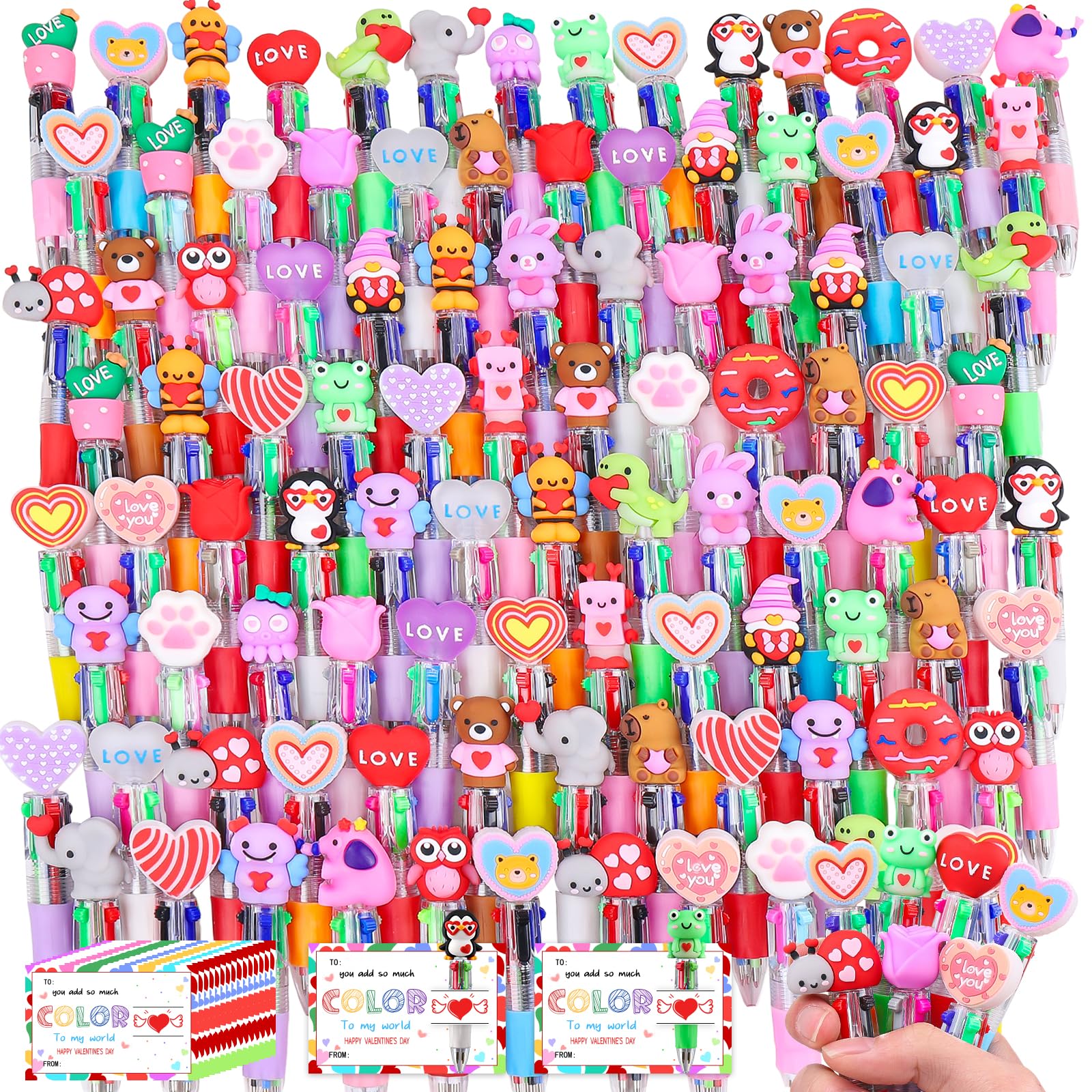 CZWZ 120Pcs Mini Multicolor Pen in One 4-in-1 Cute Pens Bulk for Kids, Ballpoint Pens for Birthdays and Children's Parties, Fun Pens Gifts Assorted Ink Kawaii Pen(Valentine) Image