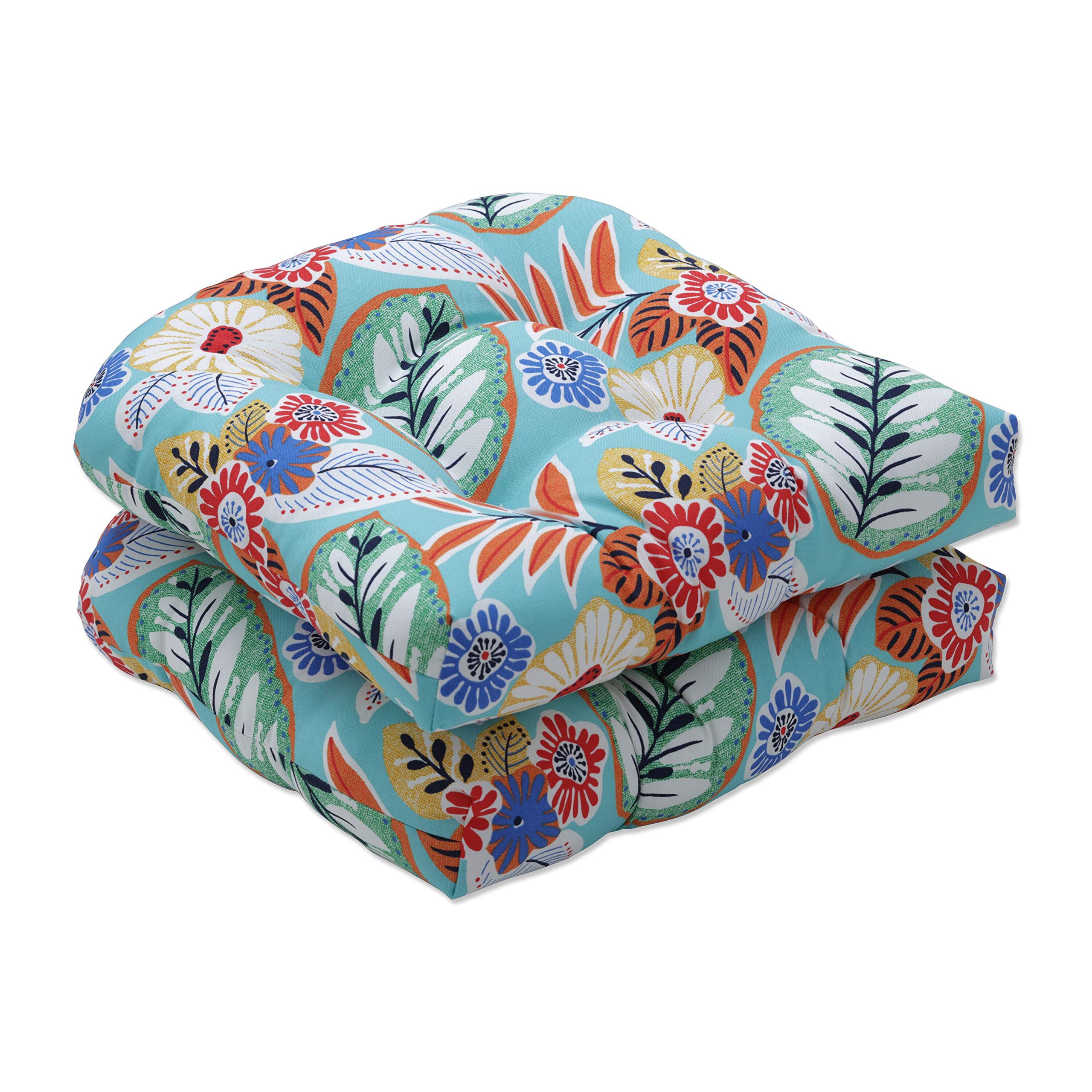 Pillow Perfect Bright Floral Indoor/Outdoor Tufted Wicker Seat Cushion, 2 Count, 19" x 19", Blue/Orange Marlow Image