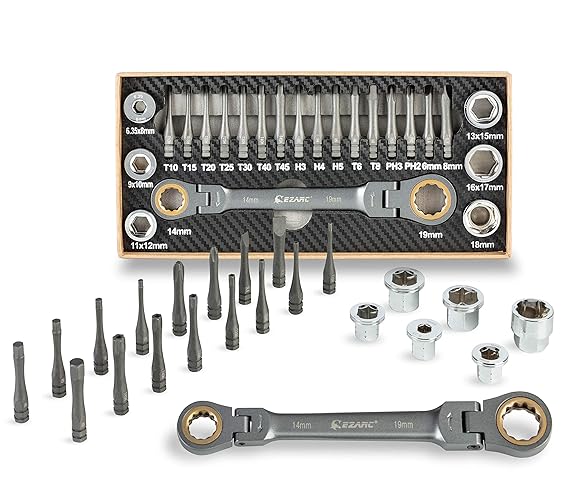EZARC Ratschenschlüssel-Sets Knarrenkasten Werkzeugset Adapter Buchse Steckschlüssel Bit Werkzeug Set, Metrisch, 23 tlg 6-19m