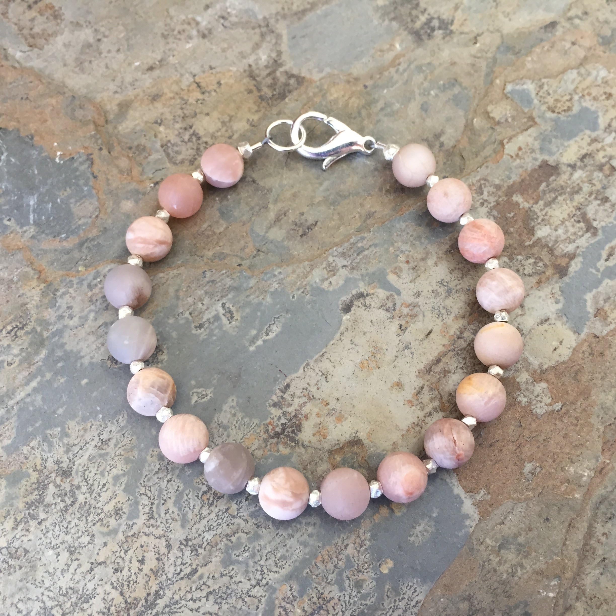 Mens Bracelet, Peach Moonstone with Sterling Silver or Copper