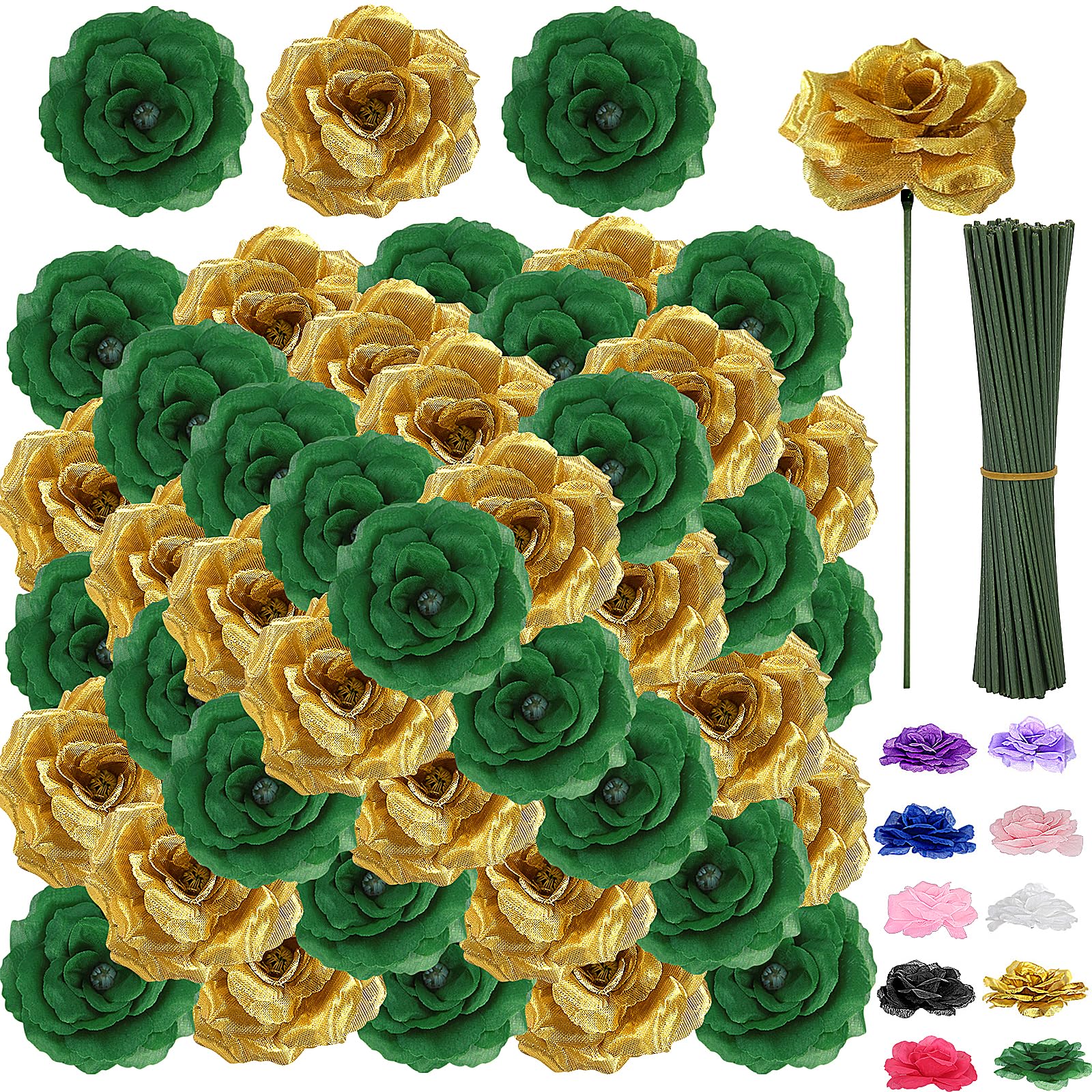 Photo 1 of 108pcs Roses Head Flowers with Stem - Emerald Green Gold Artificial Flowers Rose Bulk - Silk Rose Fake Flower for Wedding Bouquet Decor DIY Baby Shower Centerpieces St Patrick's Day Decoration