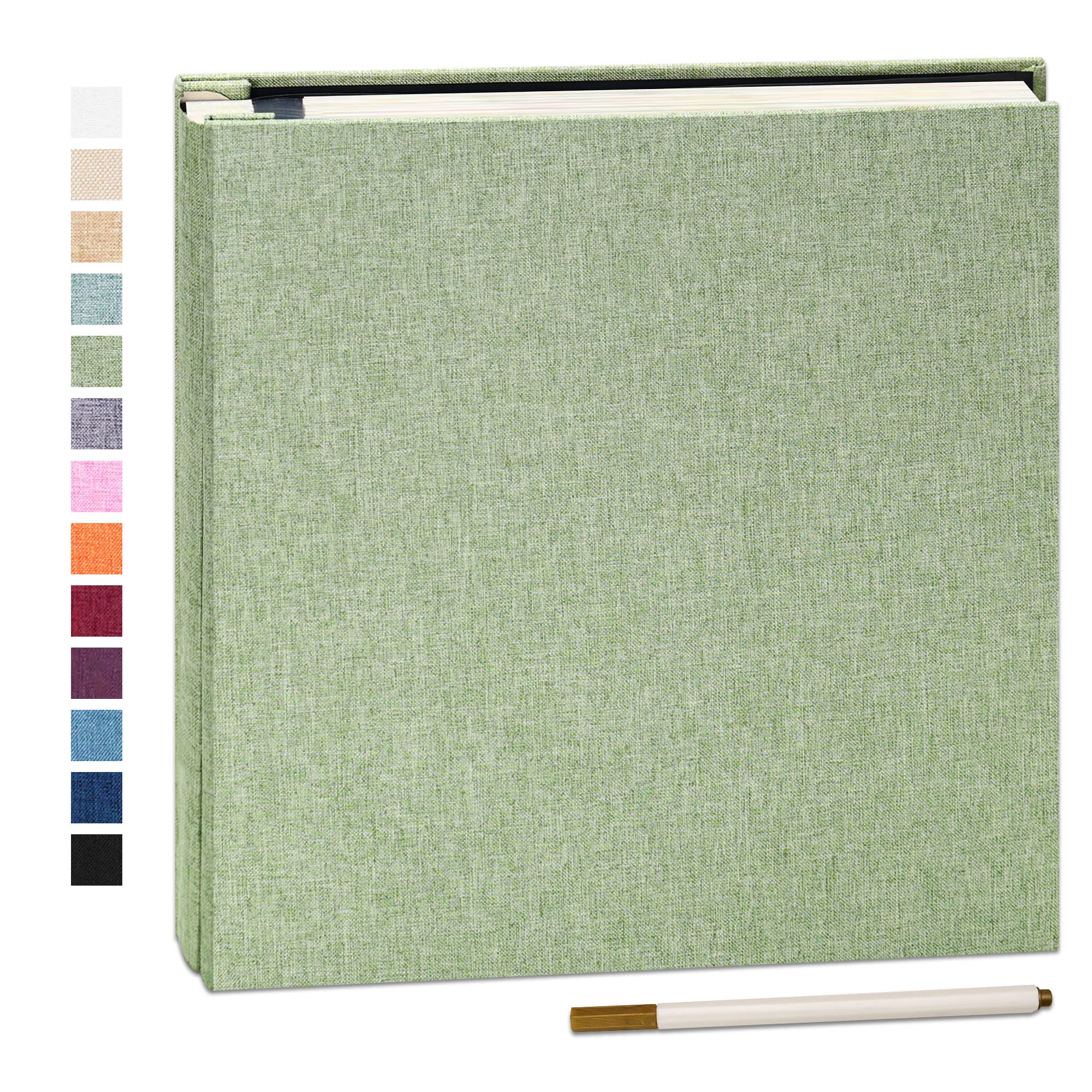 Yopih Adhesive Photo Album 33x32cm with 40 Pages Fits 10 x 15 cm Linen Cover Scrapbooking DIY Photo Album with A Metallic Pen Save Baby Growth Wedding Travel Grassgreen