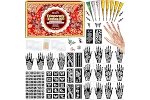 MuseLuxe Temporary Tattoos Stencils Kit,Temporary Tattoos Kit - 8 Pcs 4 Color(Brown,Black,Cherry red,Green), Ink with Gloves,DIY Body Art Painting for Women Men Adults Kids
