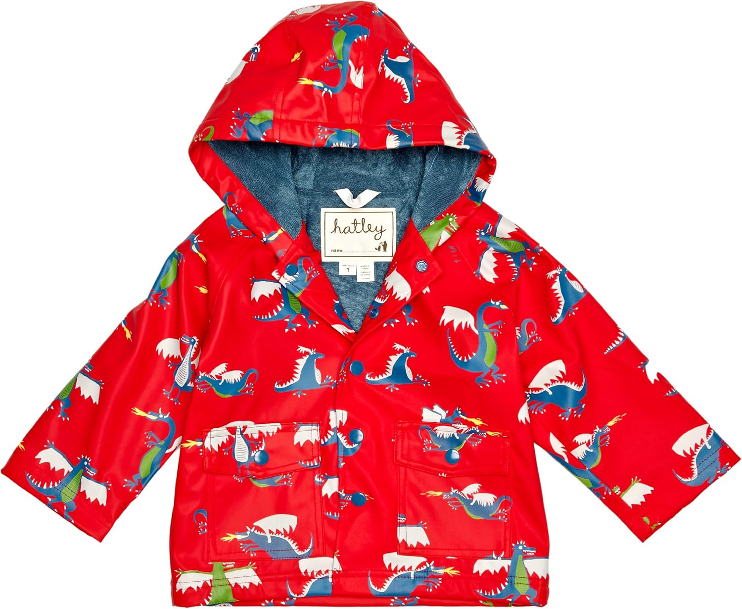 Hatley Little Boys' Children Dragons Rain Coat, Chex Red, 7