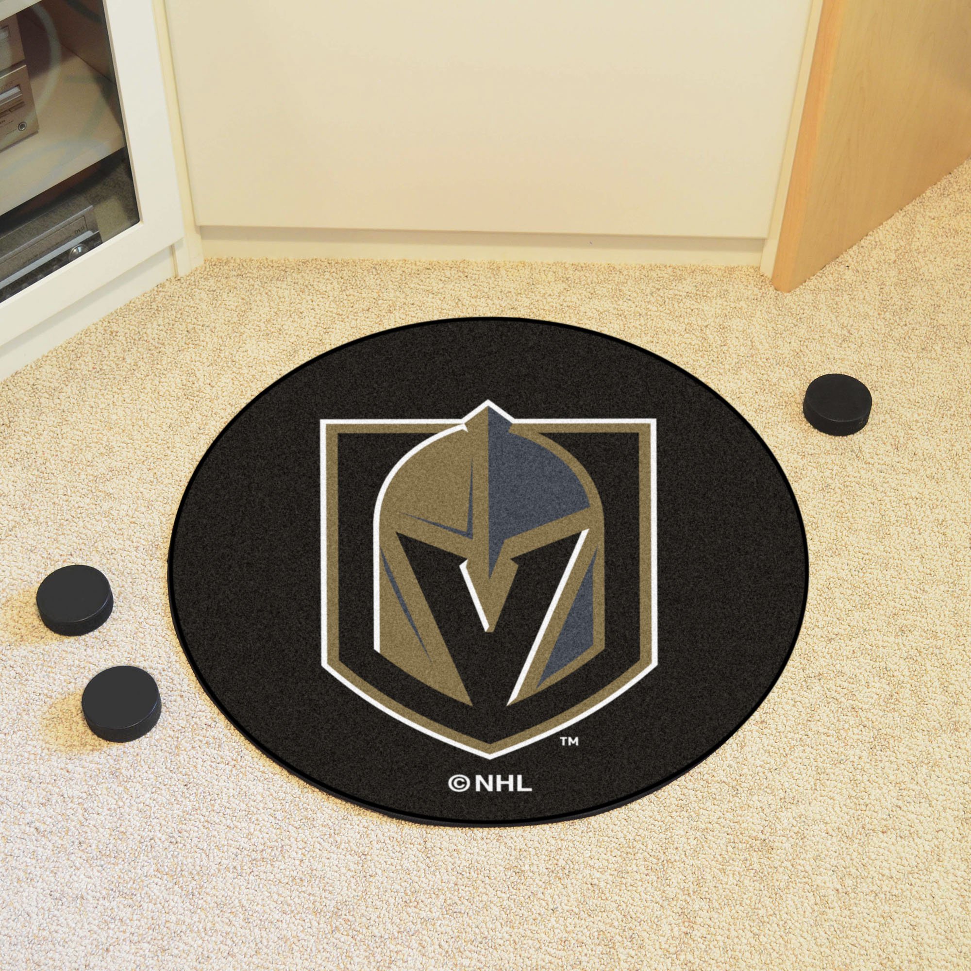 Photo 1 of FANMATS 22915 Vegas Golden Knights Hockey Puck Shaped Rug - 27in. Diameter, Hockey Puck Design, Sports Fan Accent Rug
