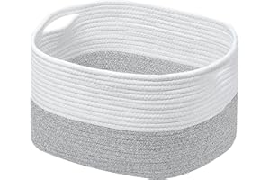 AUSSIY Rope Baskets for Storage Basket, Cotton Rope Woven Basket with Handles. Blanket Basket for Storing Clothes, Toys, Books, Shelves etc, 15''L x 10''W x 9.5''H, Gray/Off White