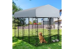 GIODIR 8x4x6 FT Outdoor Dog Kennels for Large Dogs, Heavy Duty Welded Wire Steel Outside Dog Kennel with Roof, Dog Pens with 2 Rotating Dog Bowls, Dog Playpen Fence with Secure Lock for Backyard