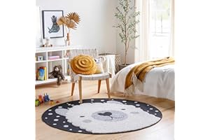 Hauteloom Kids Room, Nursery Round Area Rug - Outdoor Patio Safe - Animal Baby Llama Playroom Carpet - Beige, Gray, Black, Cream - 3'11"