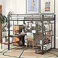 Luckiofvonne Full Size Loft Bed with Stairs and Desk, Metal Loft Bed Frame with Storage Shelves and Small Wardrobe, Heavy-Duty Loft Bed for Adults Teens and Kids, Black